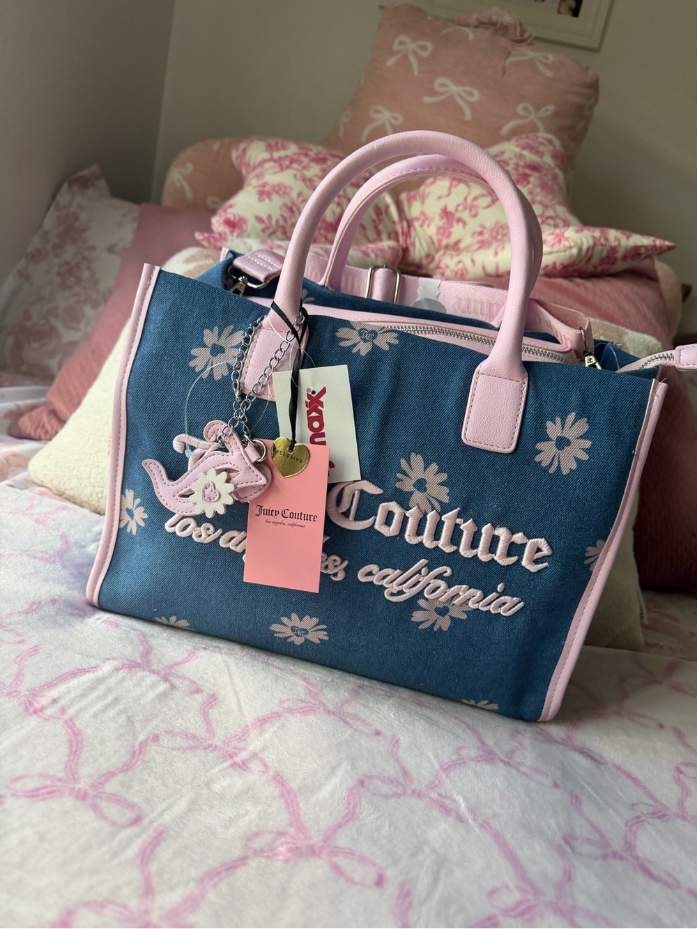 Juicy Couture Blue Canvas Floral Tote with Pink Trim - Picture 3 of 11